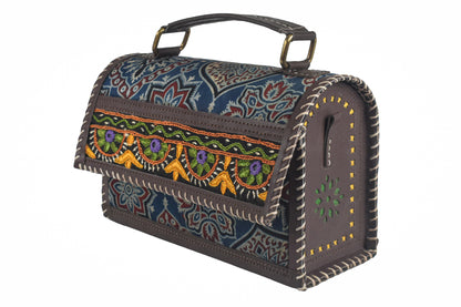 Ajrakh Rexine Hand Made Hand Embroidery Sling Bag Mirror Work - 13 cms Height x    -  SKU : AB06803C