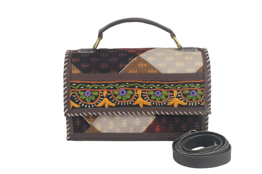 Ajrakh Rexine Hand Made Hand Embroidery Sling Bag Mirror Work - 13 cms Height x    -  SKU : AB06803A