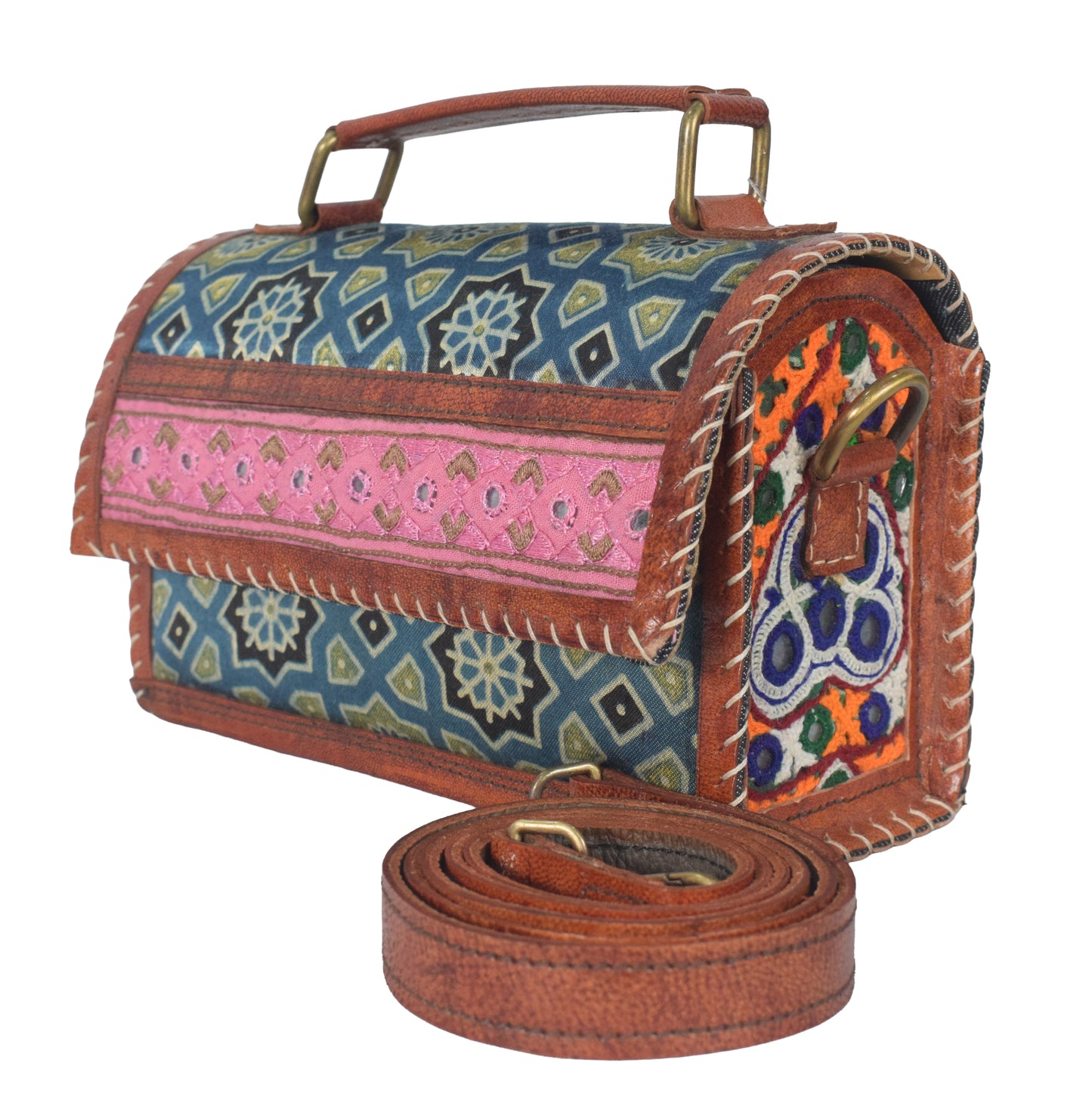 Ajrakh Pure Leather Leathercraft Hand Made Hand Embroidery Sling Bag Leather Craft Belts - 14 cms Length    -  SKU : AB10301A