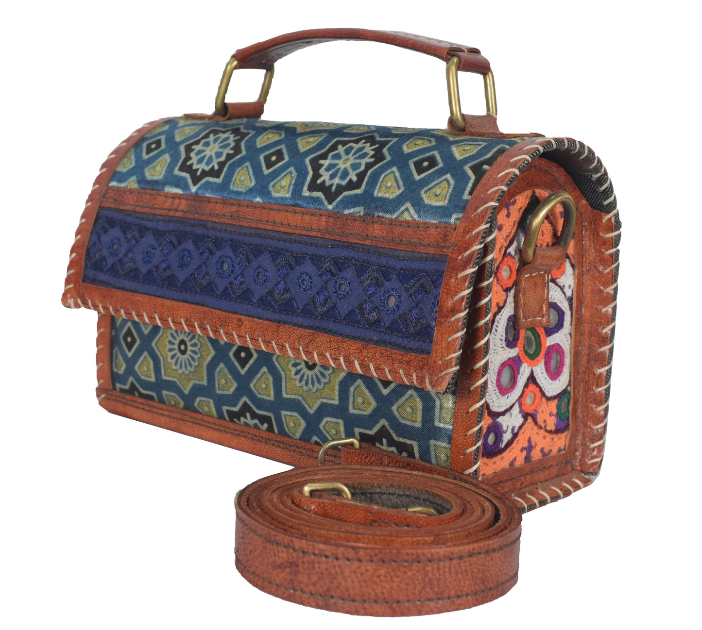 Ajrakh Pure Leather Leathercraft Hand Made Hand Embroidery Sling Bag Leather Craft Belts - 14 cms Length    -  SKU : AB10301C