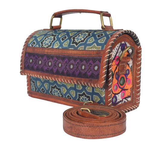 Ajrakh Pure Leather Leathercraft Hand Made Hand Embroidery Sling Bag Leather Craft Belts - 14 cms Length    -  SKU : AB10301D