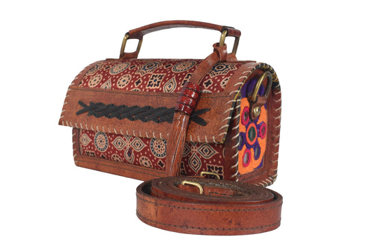 Ajrakh Pure Leather Leathercraft Hand Made Hand Embroidery Sling Bag  - 11.5 cms Length   -  SKU : AB26401A