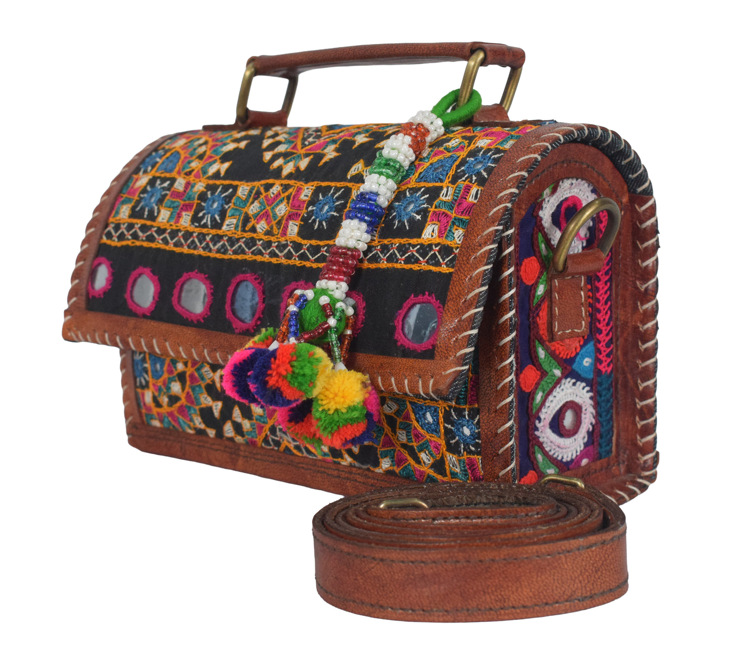 Neran Work Pure Leather Hand Embroidered Mirror Work Sling Bag Leather Craft Belts - 13.5 cms Length   -  SKU : AB08501A