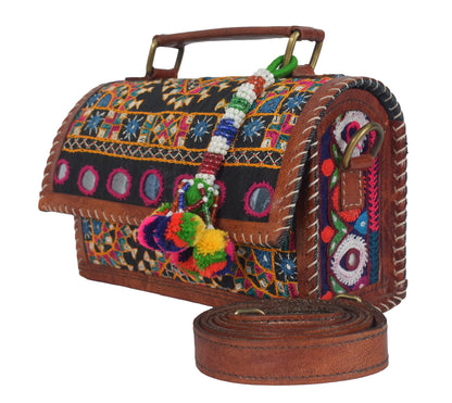 Neran Work Pure Leather Hand Embroidered Mirror Work Sling Bag Leather Craft Belts - 13.5 cms Length   -  SKU : AB08501A