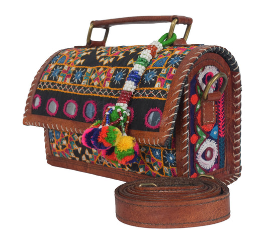 Neran Work Pure Leather Hand Embroidered Mirror Work Sling Bag Leather Craft Belts - 13.5 cms Length   -  SKU : AB08501A