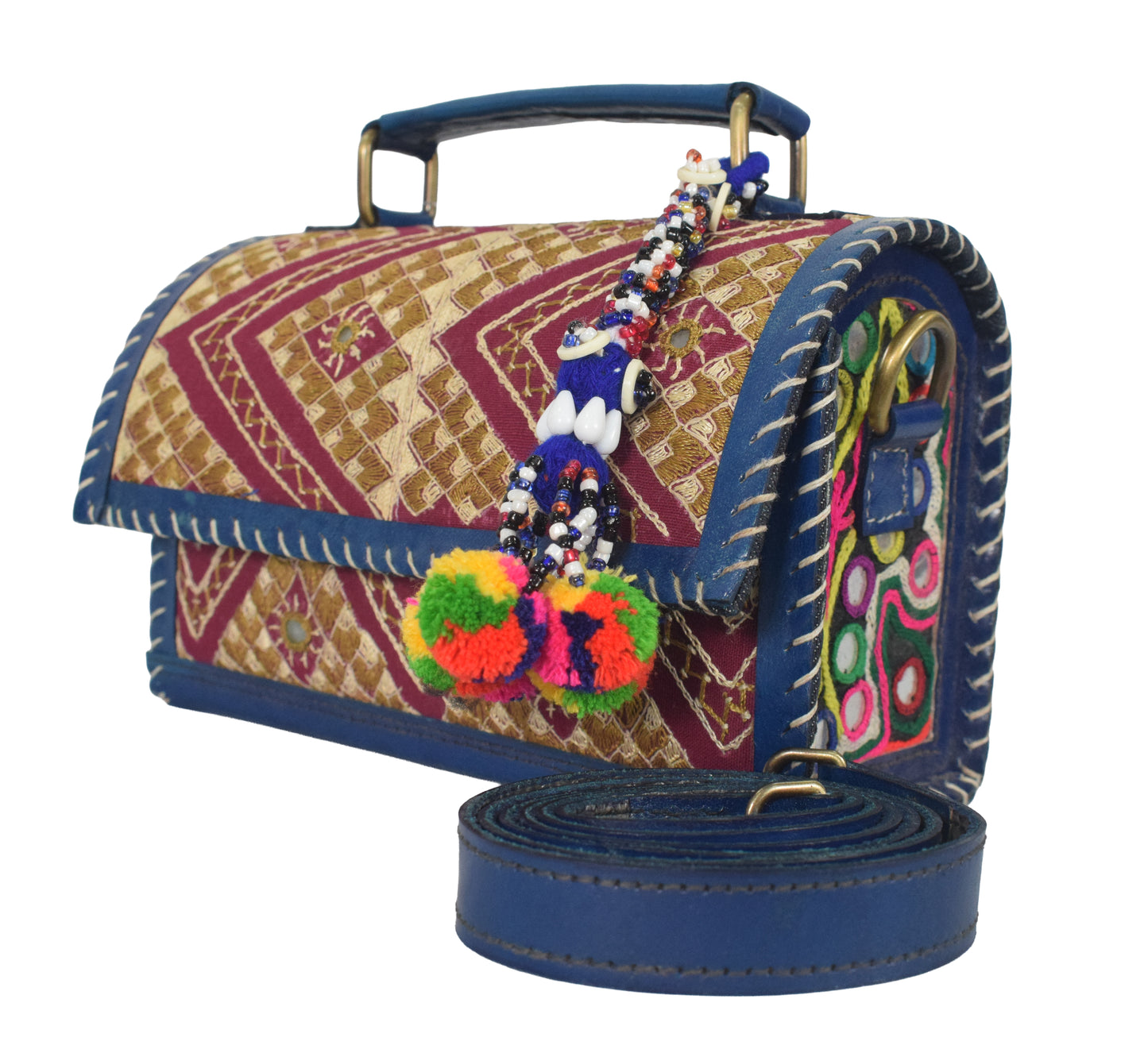Neran Work Pure Leather Hand Embroidered Mirror Work Sling Bag Leather Craft Belts - 13.5 cms Length   -  SKU : AB07501E