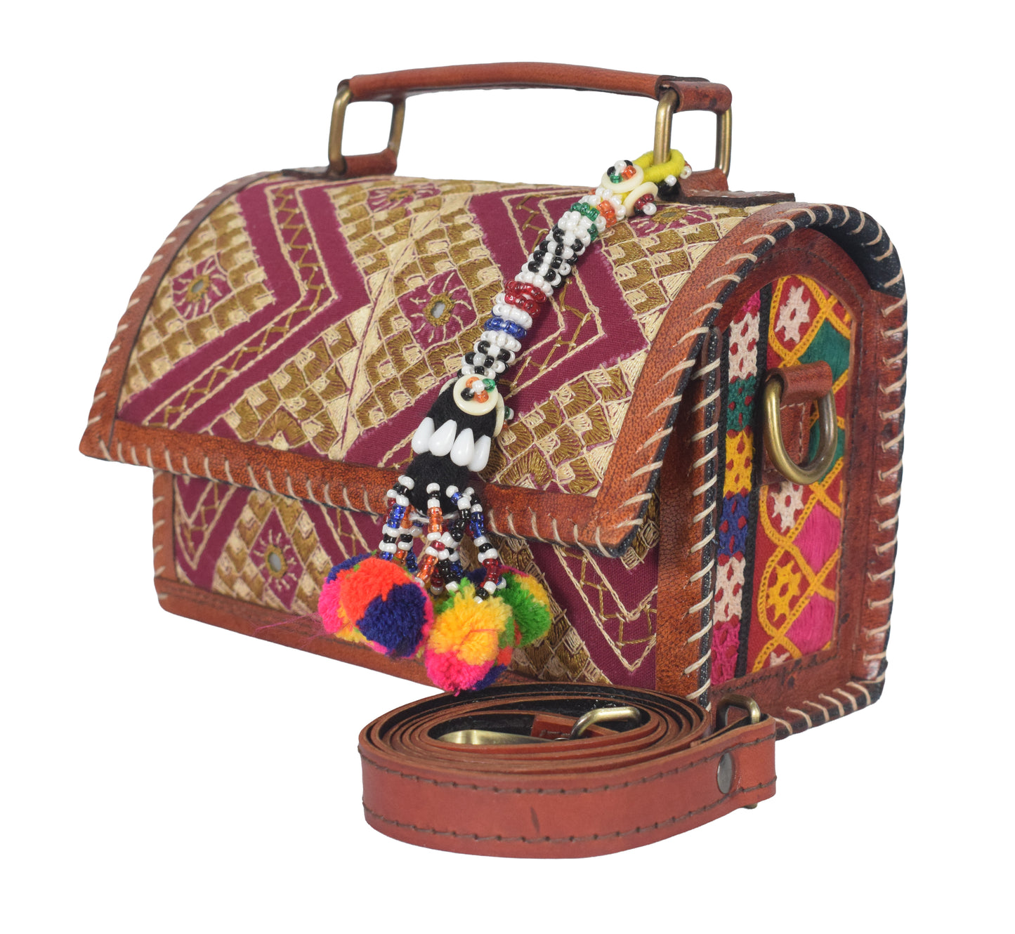 Neran Work Pure Leather Hand Embroidered Mirror Work Sling Bag Leather Craft Belts - 13.5 cms Length   -  SKU : AB07501A