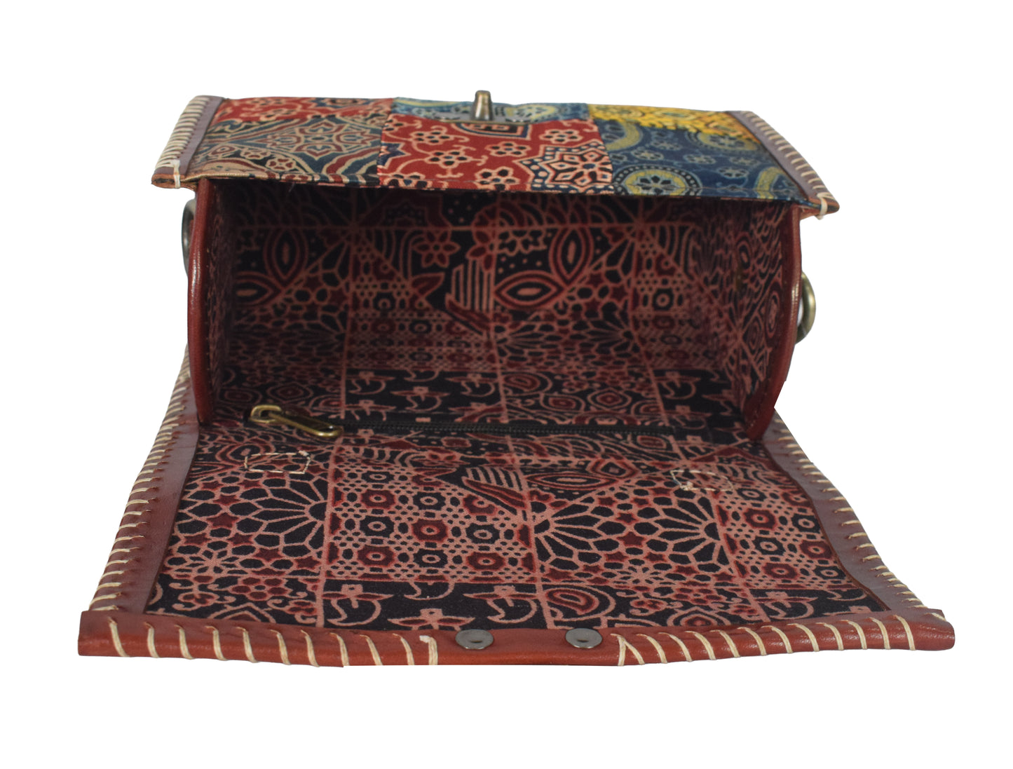 Ajrakh Pure Leather Applique ( Patches) Work Handcrafted Sling Bag with Ajrakh Natural Dyed Mashru Silk Body - 15 cms Length   -  SKU : AB13501A