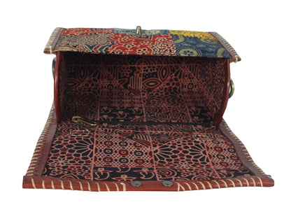 Ajrakh Pure Leather Applique ( Patches) Work Handcrafted Sling Bag with Ajrakh Natural Dyed Mashru Silk Body - 15 cms Length   -  SKU : AB13501A
