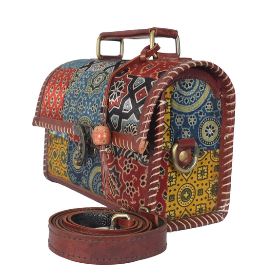 Ajrakh Pure Leather Applique ( Patches) Work Handcrafted Sling Bag with Ajrakh Natural Dyed Mashru Silk Body - 15 cms Length   -  SKU : AB13501B