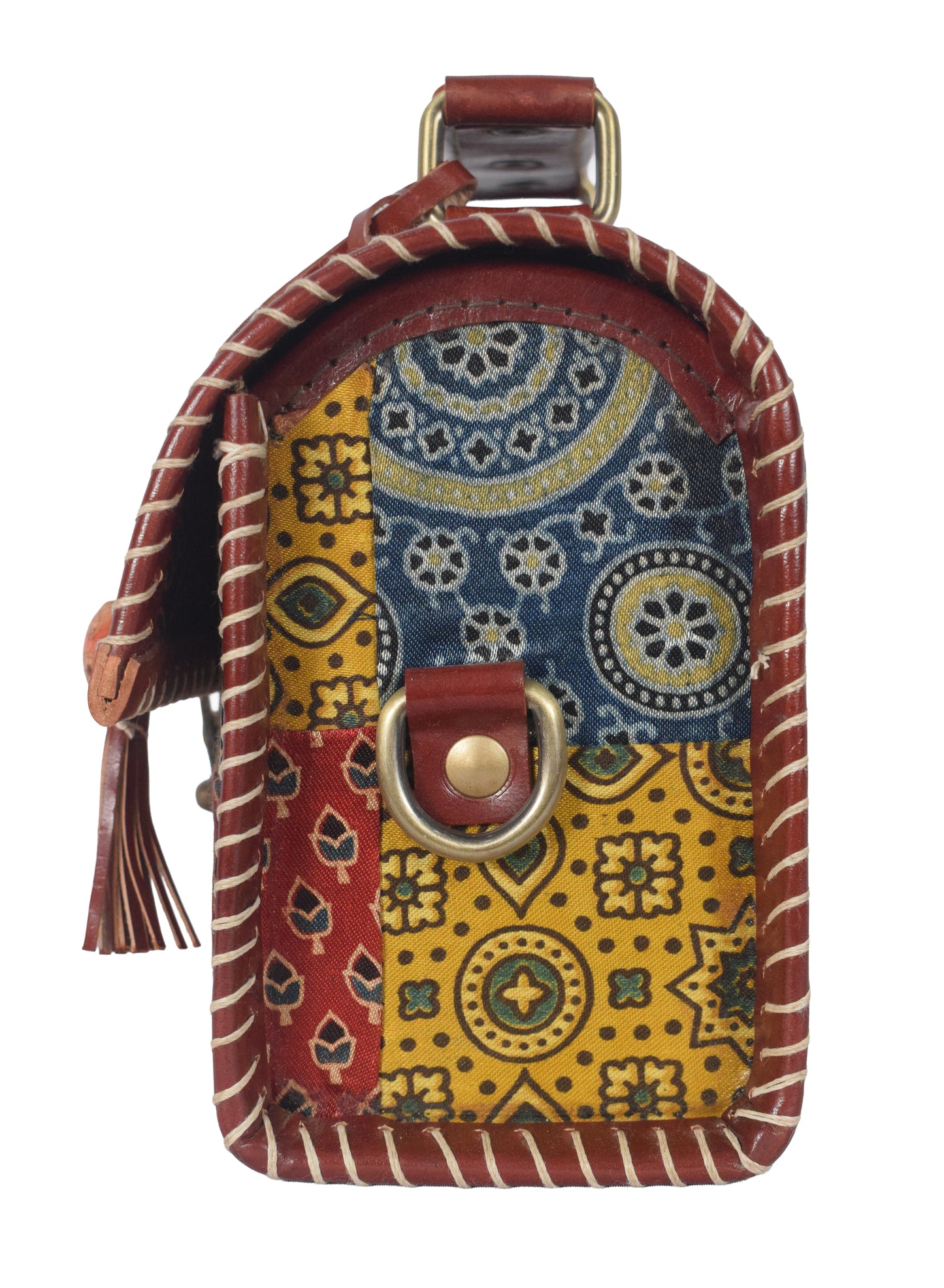 Ajrakh Pure Leather Applique ( Patches) Work Handcrafted Sling Bag with Ajrakh Natural Dyed Mashru Silk Body - 15 cms Length   -  SKU : AB13501C
