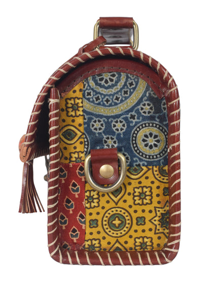 Ajrakh Pure Leather Applique ( Patches) Work Handcrafted Sling Bag with Ajrakh Natural Dyed Mashru Silk Body - 15 cms Length   -  SKU : AB13501C