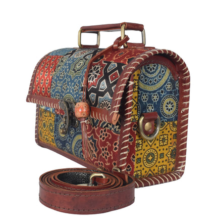 Ajrakh Pure Leather Applique ( Patches) Work Handcrafted Sling Bag with Ajrakh Natural Dyed Mashru Silk Body - 15 cms Length   -  SKU : AB13501D