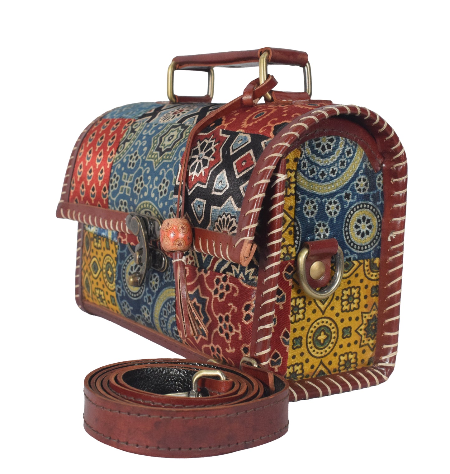 Ajrakh Pure Leather Applique ( Patches) Work Handcrafted Sling Bag with Ajrakh Natural Dyed Mashru Silk Body - 15 cms Length   -  SKU : AB13501E