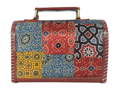 Ajrakh Pure Leather Applique ( Patches) Work Handcrafted Sling Bag with Ajrakh Natural Dyed Mashru Silk Body - 15 cms Length   -  SKU : AB13501E