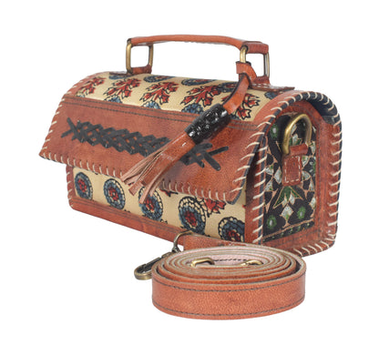 Ajrakh Pure Leather Leathercraft Hand Made Hand Embroidery Sling Bag with Ajrakh Natural Dyed Mashru Silk Body - 12 cms Length   -  SKU : AB25501Q