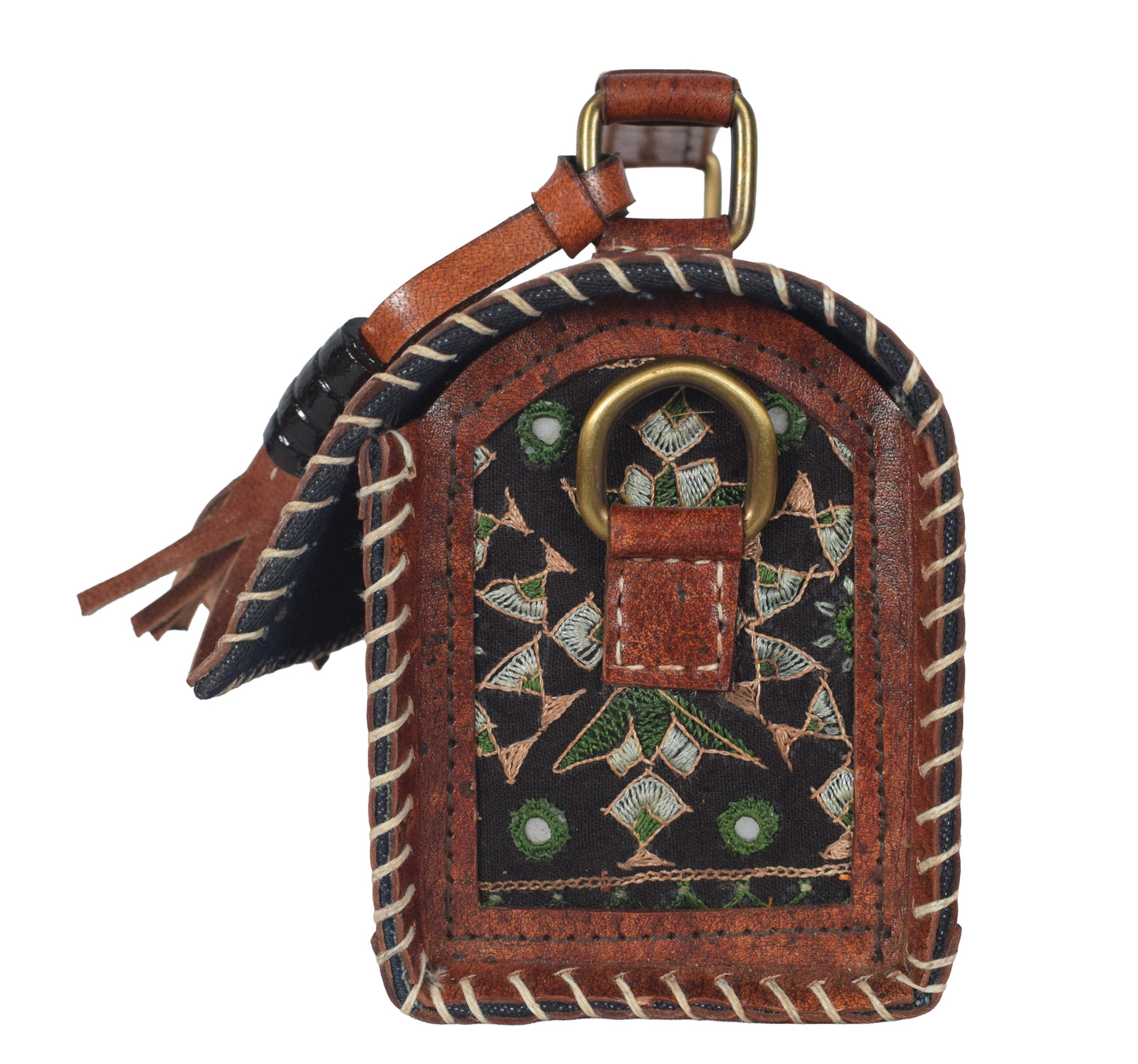 Ajrakh Pure Leather Leathercraft Hand Made Hand Embroidery Sling Bag with Ajrakh Natural Dyed Mashru Silk Body - 12 cms Length   -  SKU : AB25501Q
