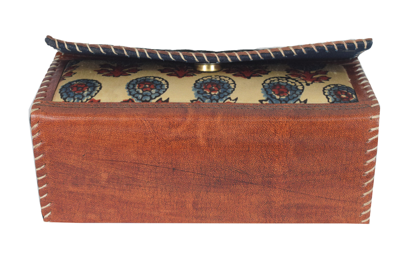 Ajrakh Pure Leather Leathercraft Hand Made Hand Embroidery Sling Bag with Ajrakh Natural Dyed Mashru Silk Body - 12 cms Length   -  SKU : AB25501Q