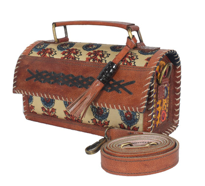 Ajrakh Pure Leather Leathercraft Hand Made Hand Embroidery Sling Bag with Ajrakh Natural Dyed Mashru Silk Body - 12 cms Length   -  SKU : AB25501R