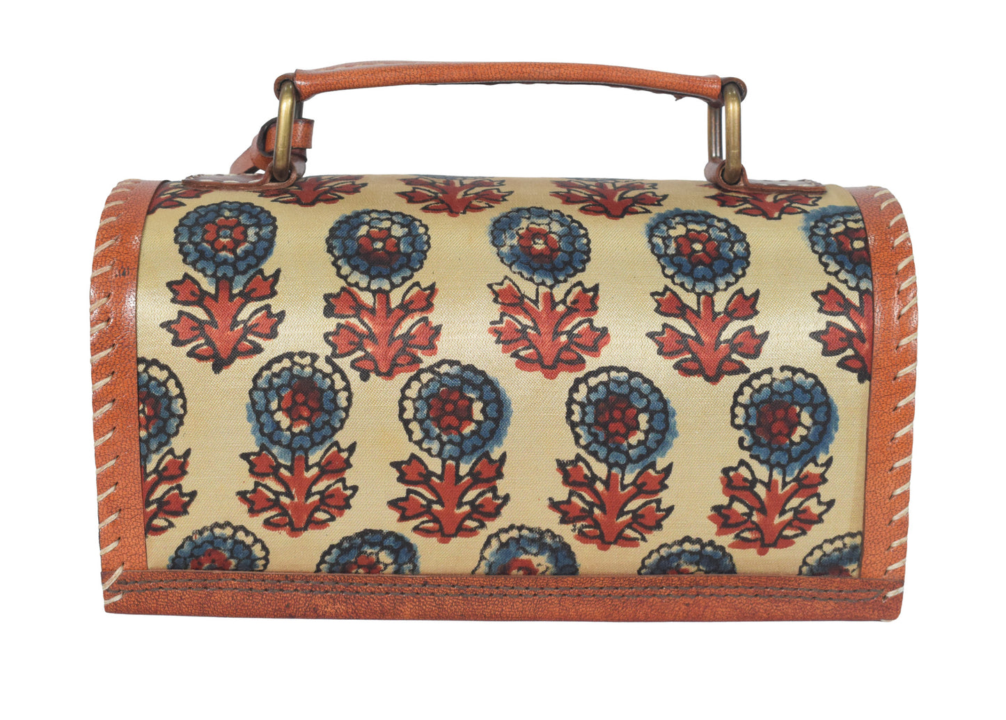 Ajrakh Pure Leather Leathercraft Hand Made Hand Embroidery Sling Bag with Ajrakh Natural Dyed Mashru Silk Body - 12 cms Length   -  SKU : AB25501R