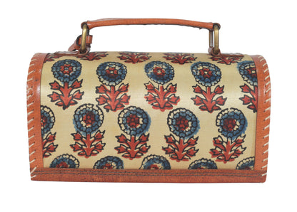 Ajrakh Pure Leather Leathercraft Hand Made Hand Embroidery Sling Bag with Ajrakh Natural Dyed Mashru Silk Body - 12 cms Length   -  SKU : AB25501R