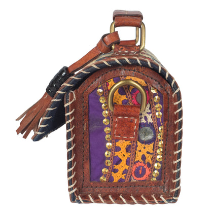 Ajrakh Pure Leather Leathercraft Hand Made Hand Embroidery Sling Bag with Ajrakh Natural Dyed Mashru Silk Body - 12 cms Length   -  SKU : AB25501R