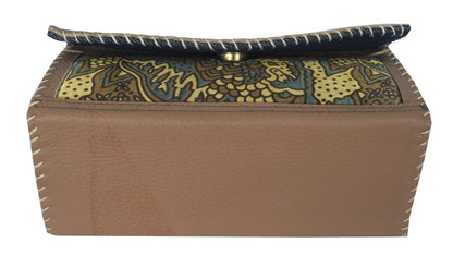 Ajrakh Pure Leather Leathercraft Hand Made Hand Embroidery Sling Bag with Ajrakh Natural Dyed Mashru Silk Body - 12 cms Length   -  SKU : AB25501G