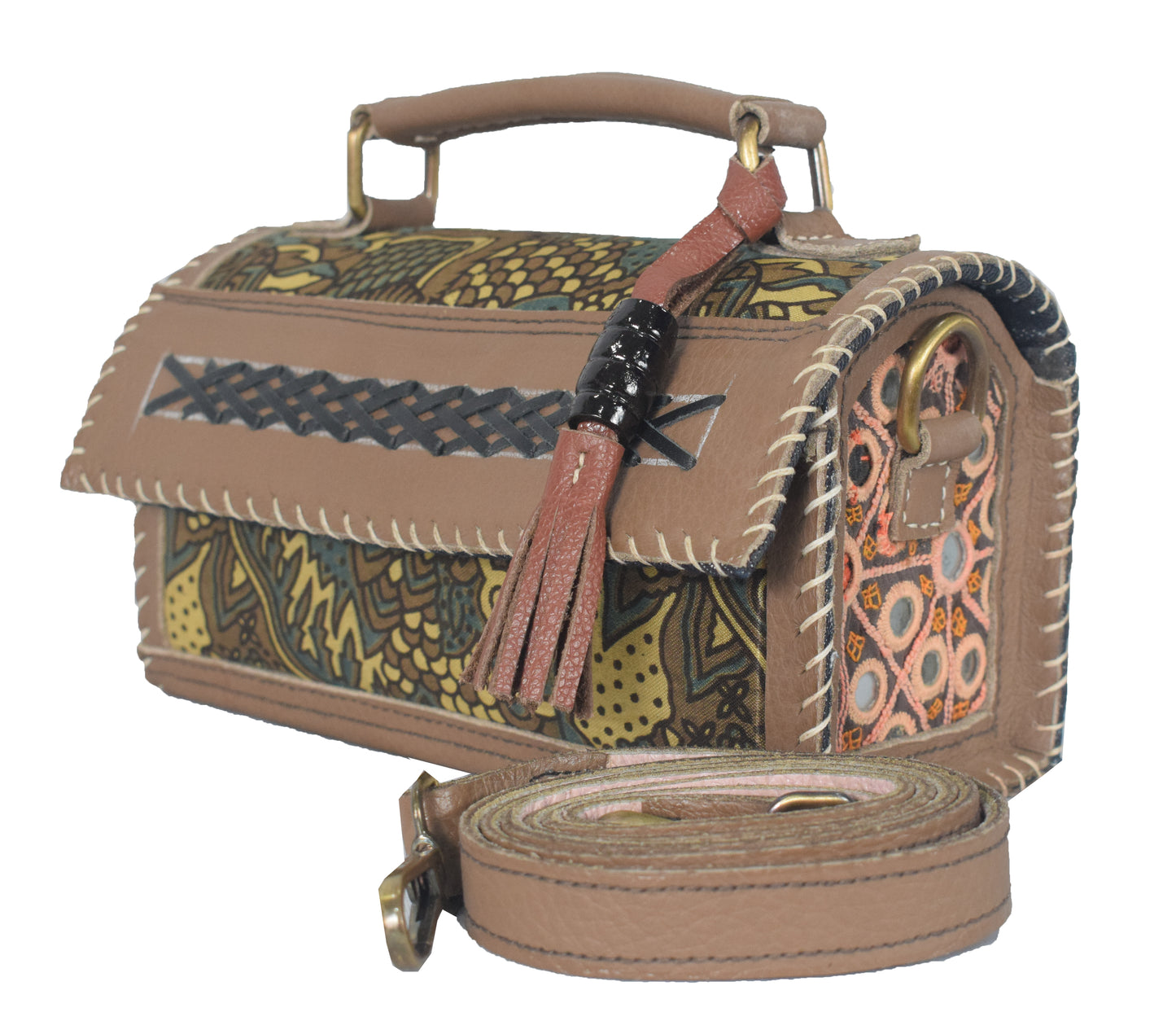 Ajrakh Pure Leather Leathercraft Hand Made Hand Embroidery Sling Bag with Ajrakh Natural Dyed Mashru Silk Body - 12 cms Length   -  SKU : AB25501H