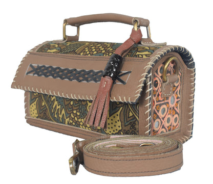 Ajrakh Pure Leather Leathercraft Hand Made Hand Embroidery Sling Bag with Ajrakh Natural Dyed Mashru Silk Body - 12 cms Length   -  SKU : AB25501H