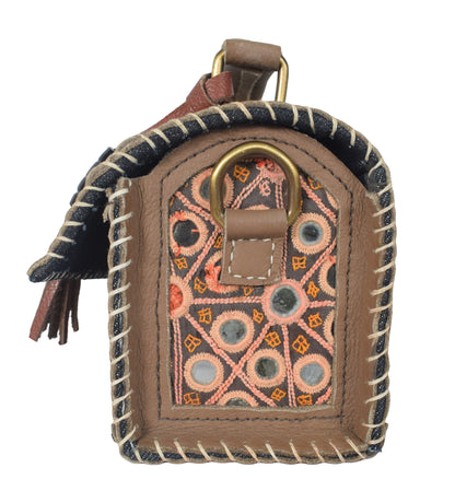 Ajrakh Pure Leather Leathercraft Hand Made Hand Embroidery Sling Bag with Ajrakh Natural Dyed Mashru Silk Body - 12 cms Length   -  SKU : AB25501H
