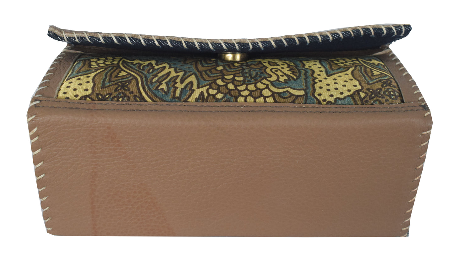 Ajrakh Pure Leather Leathercraft Hand Made Hand Embroidery Sling Bag with Ajrakh Natural Dyed Mashru Silk Body - 12 cms Length   -  SKU : AB25501H