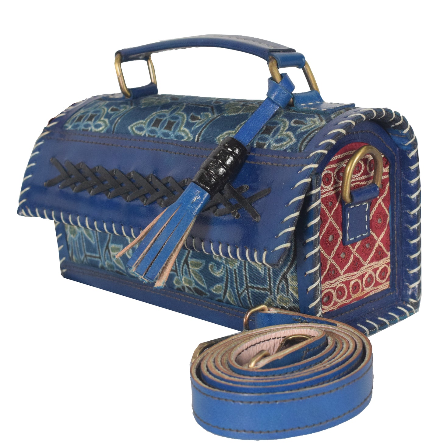 Ajrakh Pure Leather Leathercraft Hand Made Hand Embroidery Sling Bag with Ajrakh Natural Dyed Mashru Silk Body - 12 cms Length   -  SKU : AB25501U