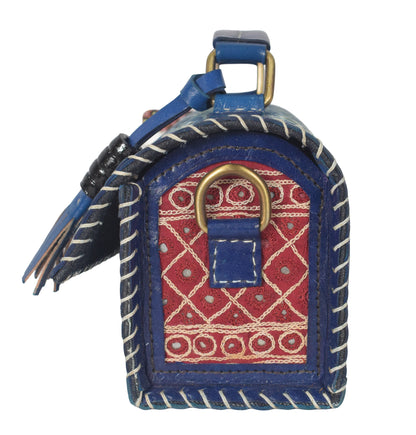 Ajrakh Pure Leather Leathercraft Hand Made Hand Embroidery Sling Bag with Ajrakh Natural Dyed Mashru Silk Body - 12 cms Length   -  SKU : AB25501U