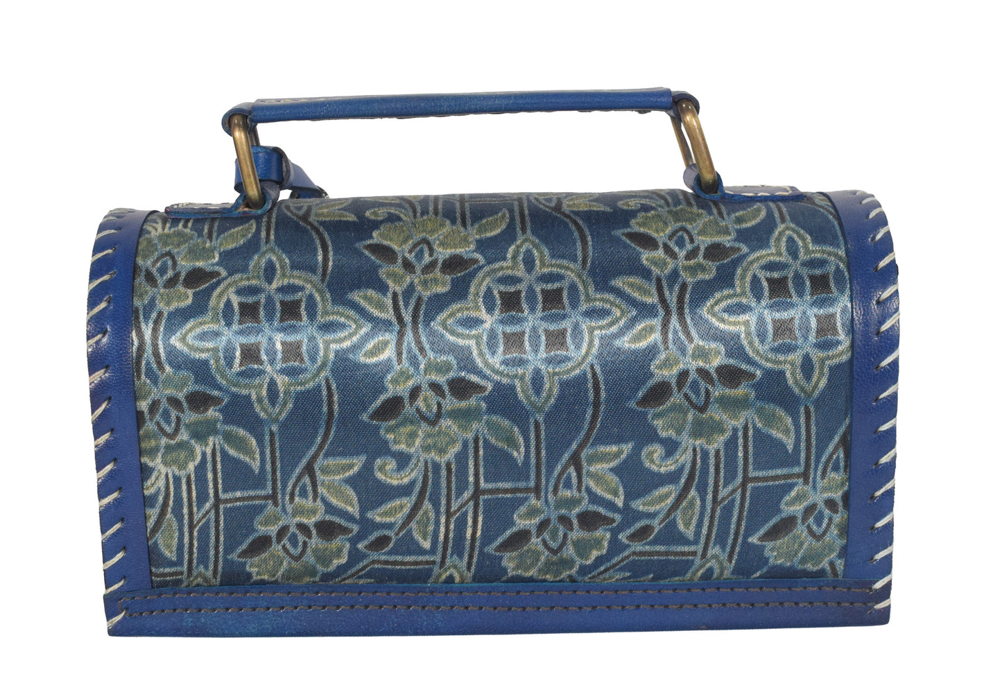Ajrakh Pure Leather Leathercraft Hand Made Hand Embroidery Sling Bag with Ajrakh Natural Dyed Mashru Silk Body - 12 cms Length   -  SKU : AB25501U