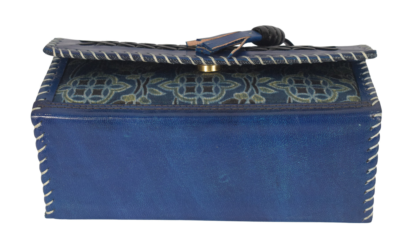 Ajrakh Pure Leather Leathercraft Hand Made Hand Embroidery Sling Bag with Ajrakh Natural Dyed Mashru Silk Body - 12 cms Length   -  SKU : AB25501U