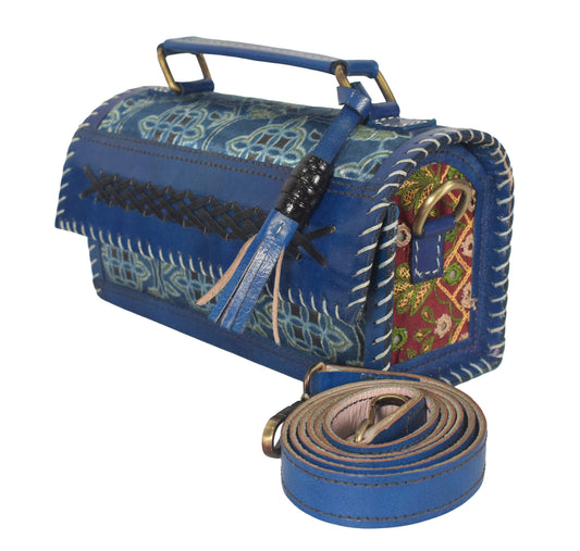 Ajrakh Pure Leather Leathercraft Hand Made Hand Embroidery Sling Bag with Ajrakh Natural Dyed Mashru Silk Body - 12 cms Length   -  SKU : AB25501V