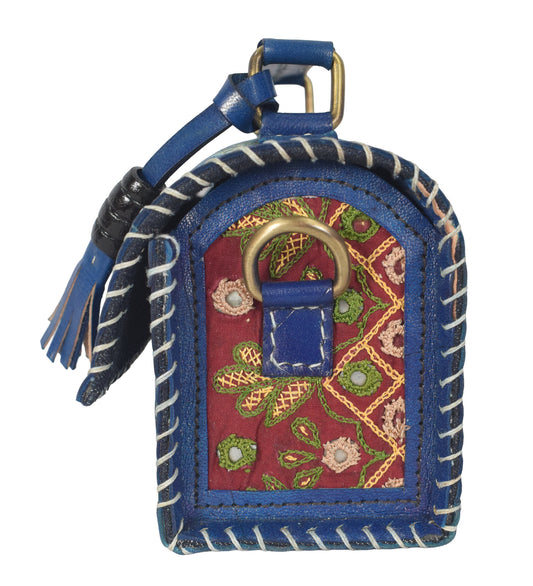 Ajrakh Pure Leather Leathercraft Hand Made Hand Embroidery Sling Bag with Ajrakh Natural Dyed Mashru Silk Body - 12 cms Length   -  SKU : AB25501V