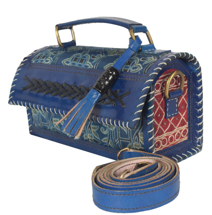 Ajrakh Pure Leather Leathercraft Hand Made Hand Embroidery Sling Bag with Ajrakh Natural Dyed Mashru Silk Body - 12 cms Length   -  SKU : AB25501W