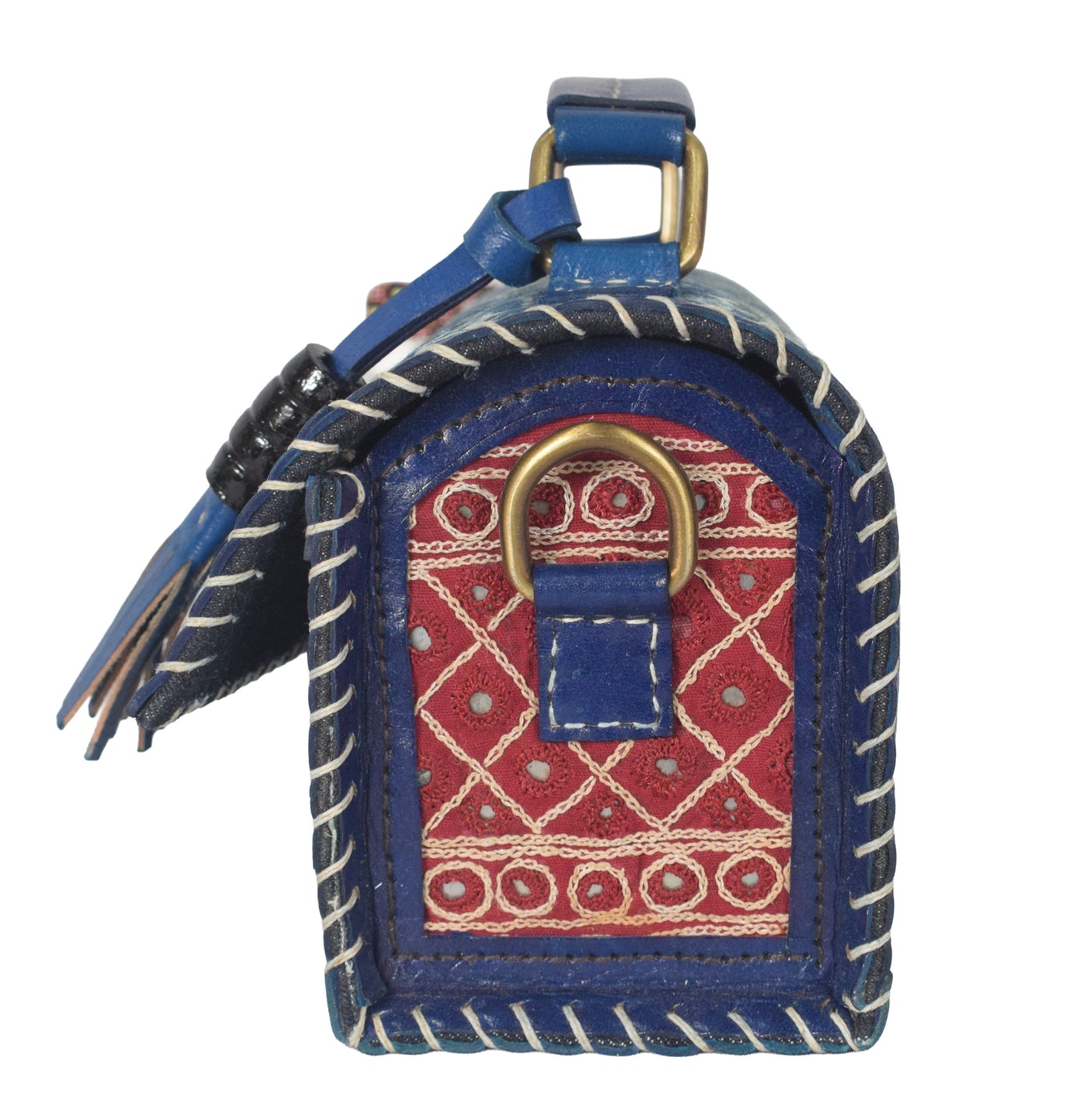 Ajrakh Pure Leather Leathercraft Hand Made Hand Embroidery Sling Bag with Ajrakh Natural Dyed Mashru Silk Body - 12 cms Length   -  SKU : AB25501W