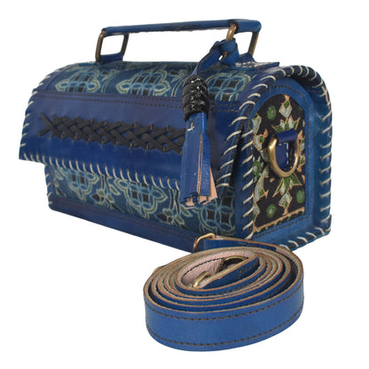 Ajrakh Pure Leather Leathercraft Hand Made Hand Embroidery Sling Bag with Ajrakh Natural Dyed Mashru Silk Body - 12 cms Length   -  SKU : AB25501X