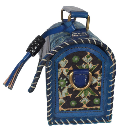 Ajrakh Pure Leather Leathercraft Hand Made Hand Embroidery Sling Bag with Ajrakh Natural Dyed Mashru Silk Body - 12 cms Length   -  SKU : AB25501X
