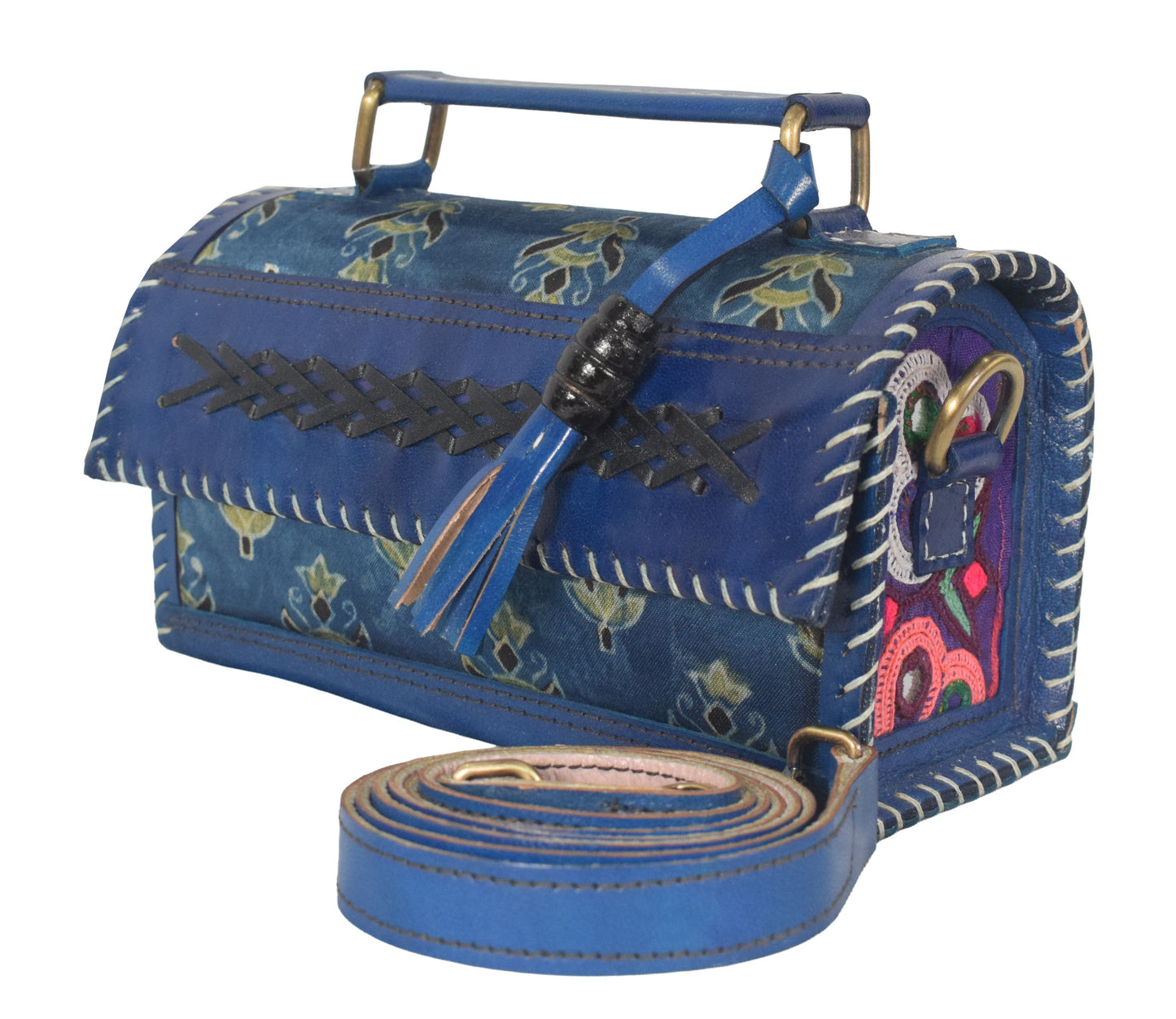 Ajrakh Pure Leather Leathercraft Hand Made Hand Embroidery Sling Bag with Ajrakh Natural Dyed Mashru Silk Body - 12 cms Length   -  SKU : AB25501Y