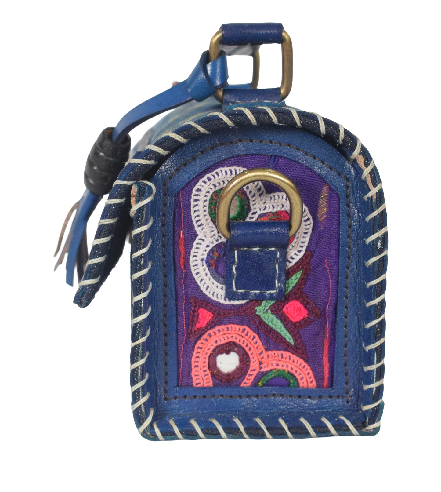 Ajrakh Pure Leather Leathercraft Hand Made Hand Embroidery Sling Bag with Ajrakh Natural Dyed Mashru Silk Body - 12 cms Length   -  SKU : AB25501Y