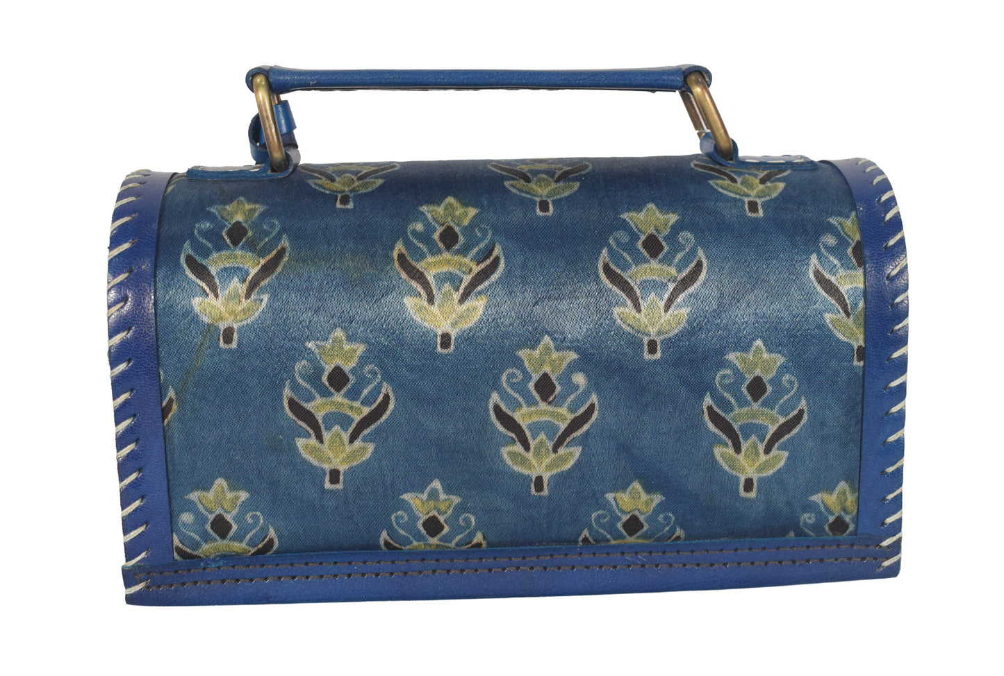 Ajrakh Pure Leather Leathercraft Hand Made Hand Embroidery Sling Bag with Ajrakh Natural Dyed Mashru Silk Body - 12 cms Length   -  SKU : AB25501Y