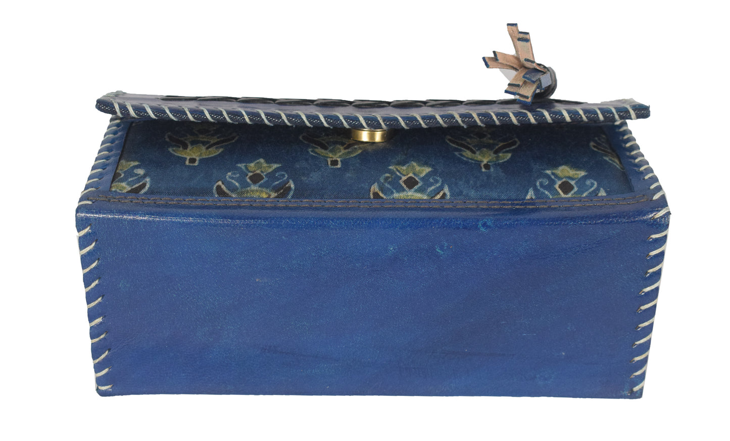 Ajrakh Pure Leather Leathercraft Hand Made Hand Embroidery Sling Bag with Ajrakh Natural Dyed Mashru Silk Body - 12 cms Length   -  SKU : AB25501Y