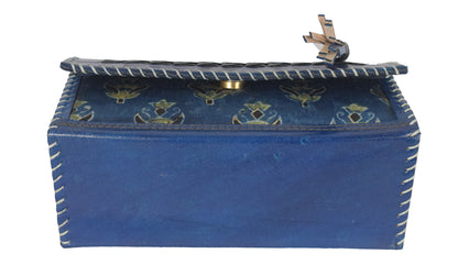 Ajrakh Pure Leather Leathercraft Hand Made Hand Embroidery Sling Bag with Ajrakh Natural Dyed Mashru Silk Body - 12 cms Length   -  SKU : AB25501Y