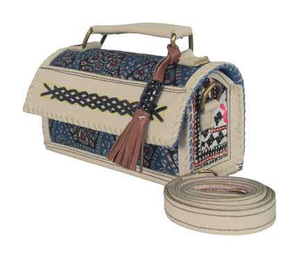 Ajrakh Pure Leather Leathercraft Hand Made Hand Embroidery Sling Bag with Ajrakh Natural Dyed Mashru Silk Body - 12 cms Length   -  SKU : AB25501E