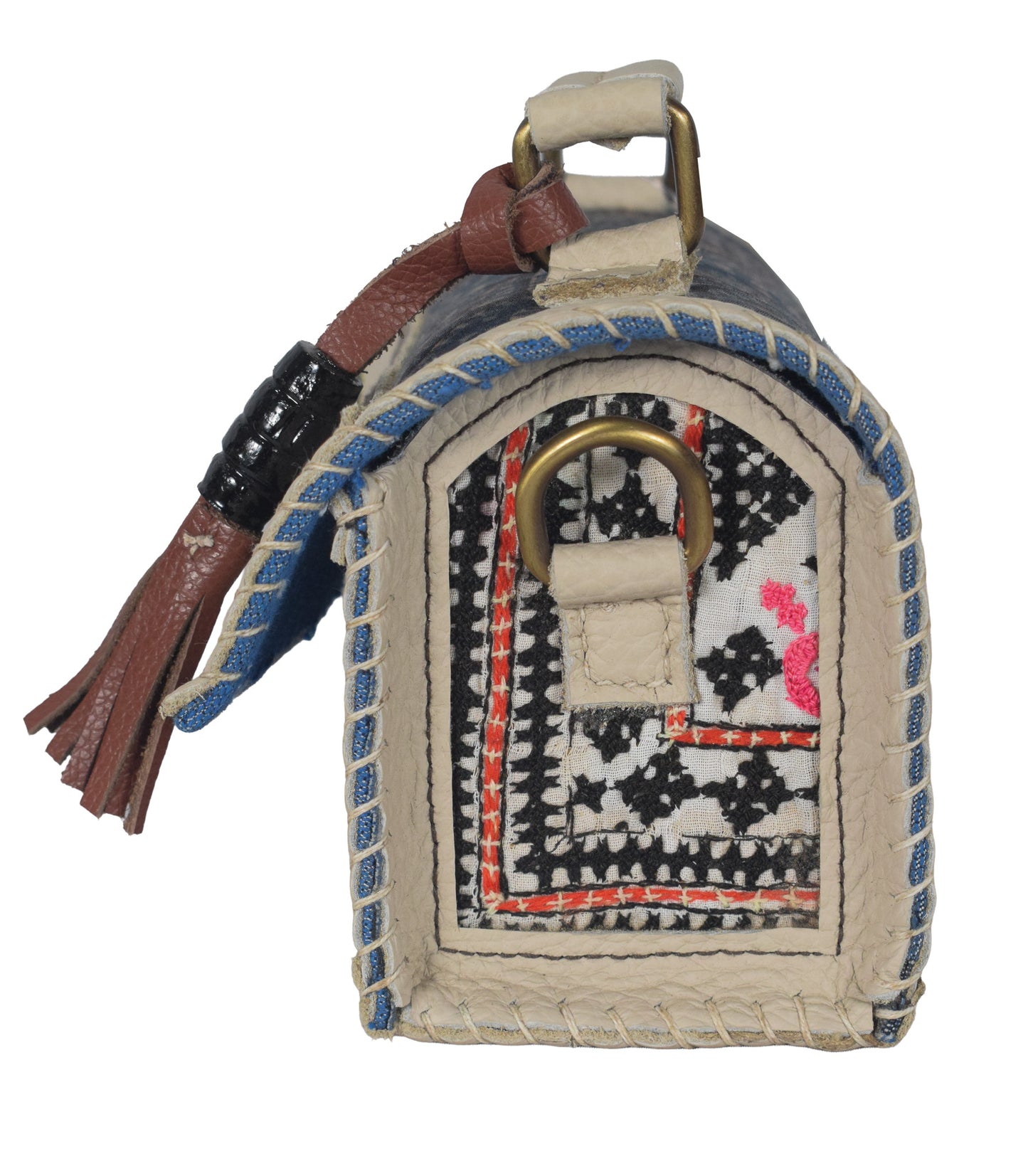 Ajrakh Pure Leather Leathercraft Hand Made Hand Embroidery Sling Bag with Ajrakh Natural Dyed Mashru Silk Body - 12 cms Length   -  SKU : AB25501E