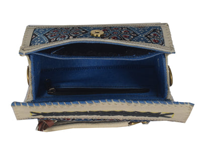 Ajrakh Pure Leather Leathercraft Hand Made Hand Embroidery Sling Bag with Ajrakh Natural Dyed Mashru Silk Body - 12 cms Length   -  SKU : AB25501E