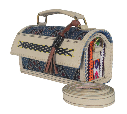 Ajrakh Pure Leather Leathercraft Hand Made Hand Embroidery Sling Bag with Ajrakh Natural Dyed Mashru Silk Body - 12 cms Length   -  SKU : AB25501F